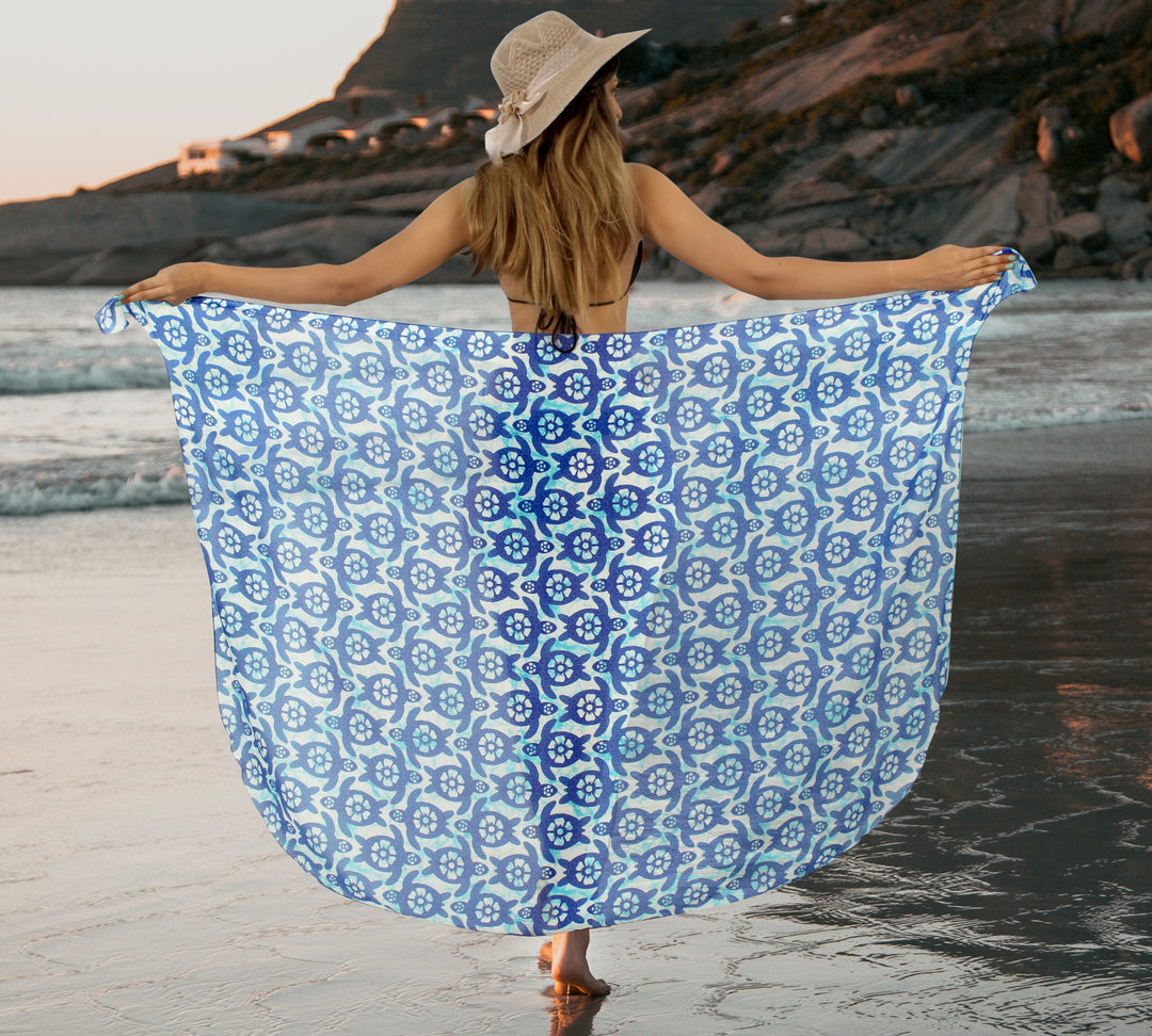 Blue Sheer Allover Turtle Print Beach Wrap For Women P06770