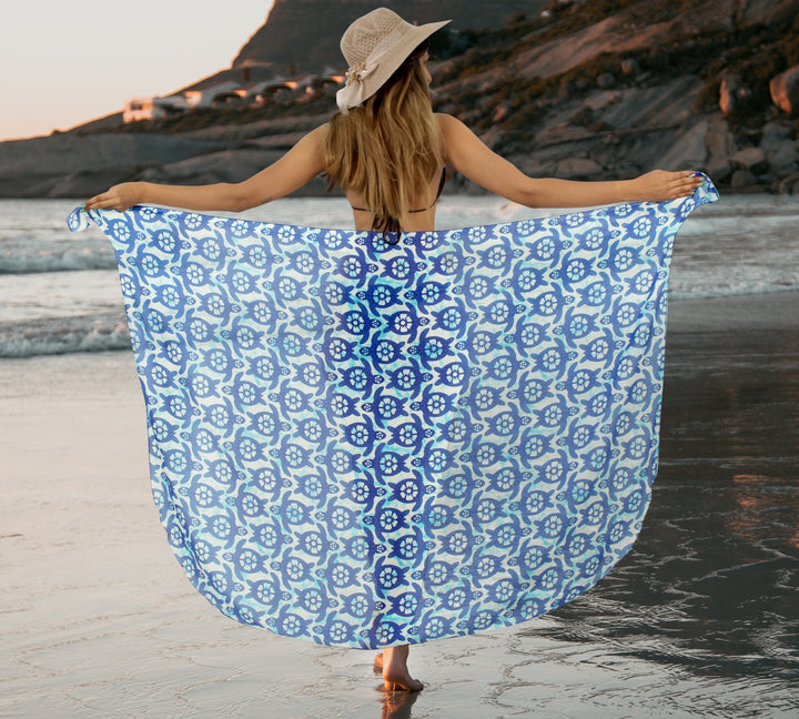 Blue Sheer Allover Turtle Print Beach Wrap For Women P06770
