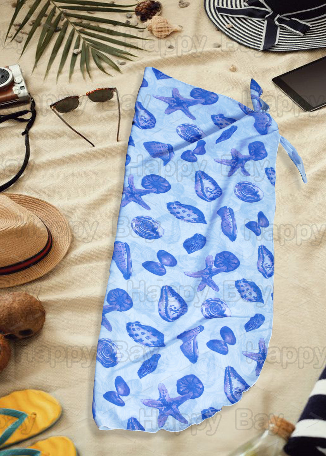 Blue Sheer Starfish and Sea Shell Print Beach Wrap For Women P06780