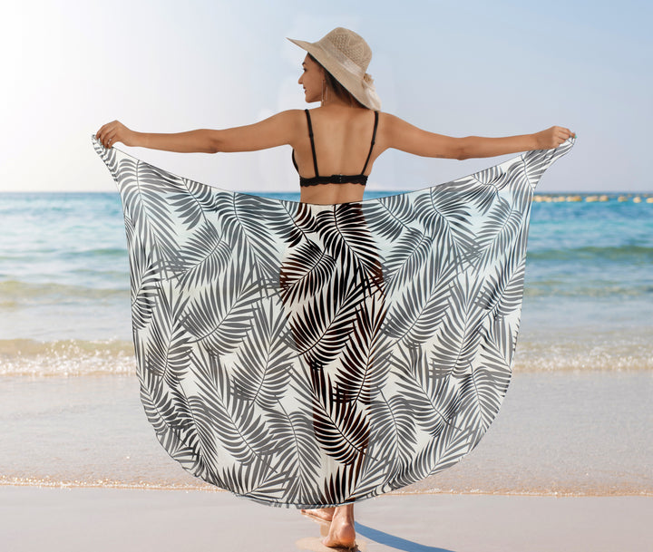 Black Sheer Allover Palm Leaves Print Beach Wrap For Women P06750