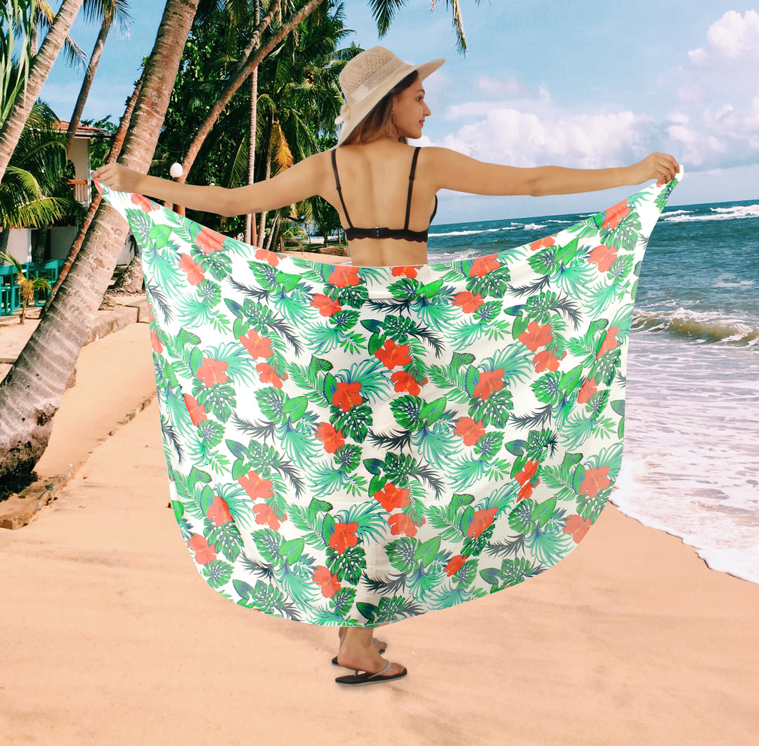 Multicolor Sheer hibiscus flower and leaves Print Beach Wrap For Women P06748