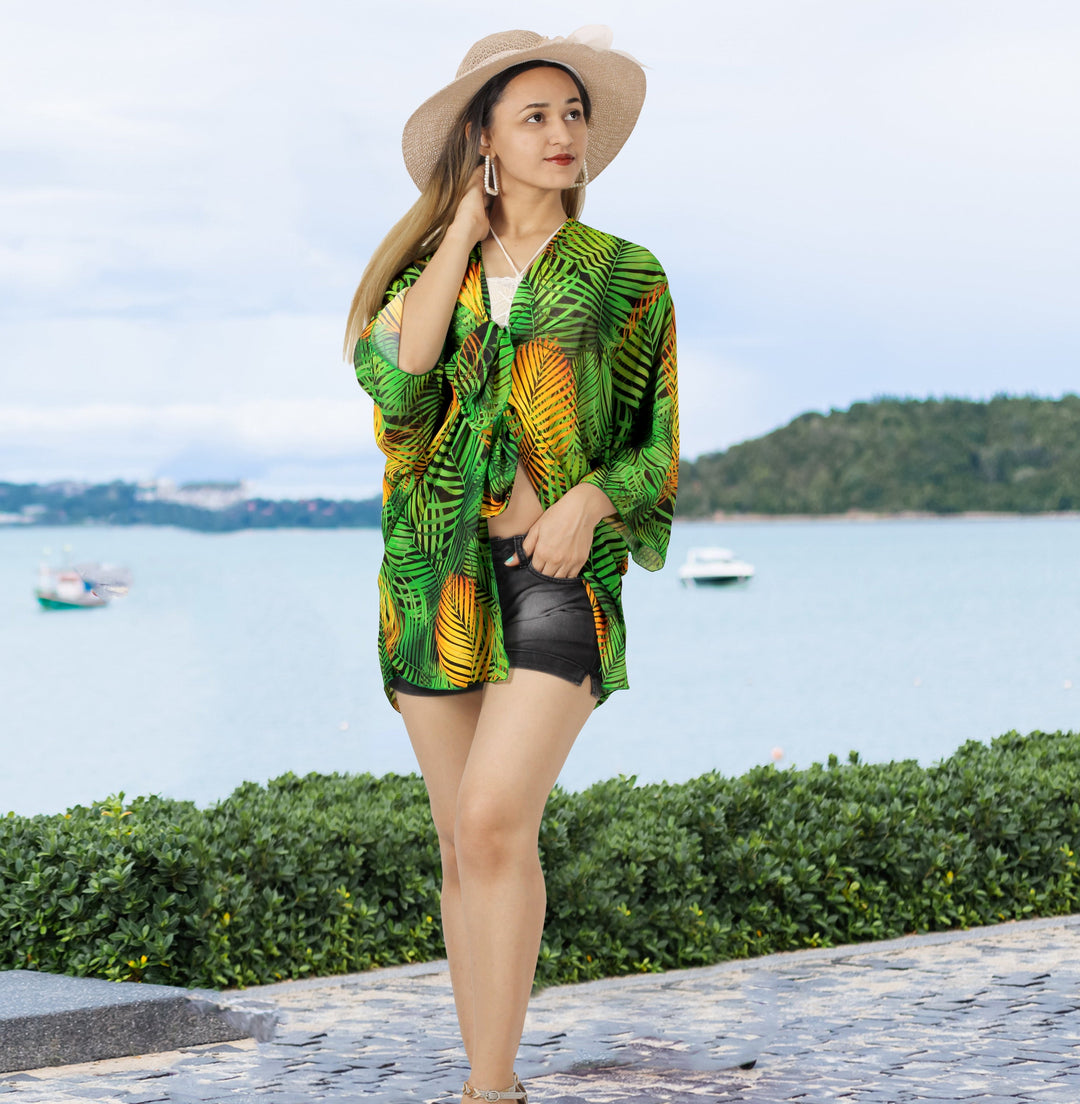 Island Elegance Sheer Allover Palm Tree Printed Kimono Shrug Jacket Cover up P03249