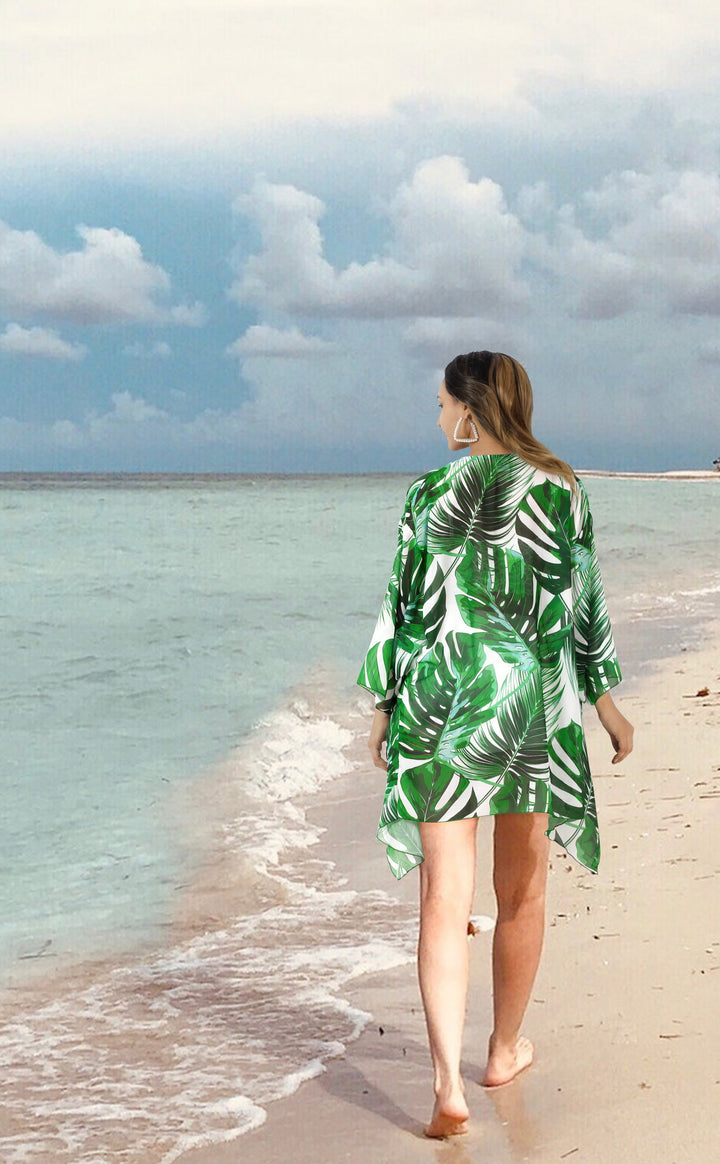 Tropical Elegance Sheer Allover Monstera Leaves and Palm Tree Leaves Printed Kimono Shrug Jacket Cover up P03250