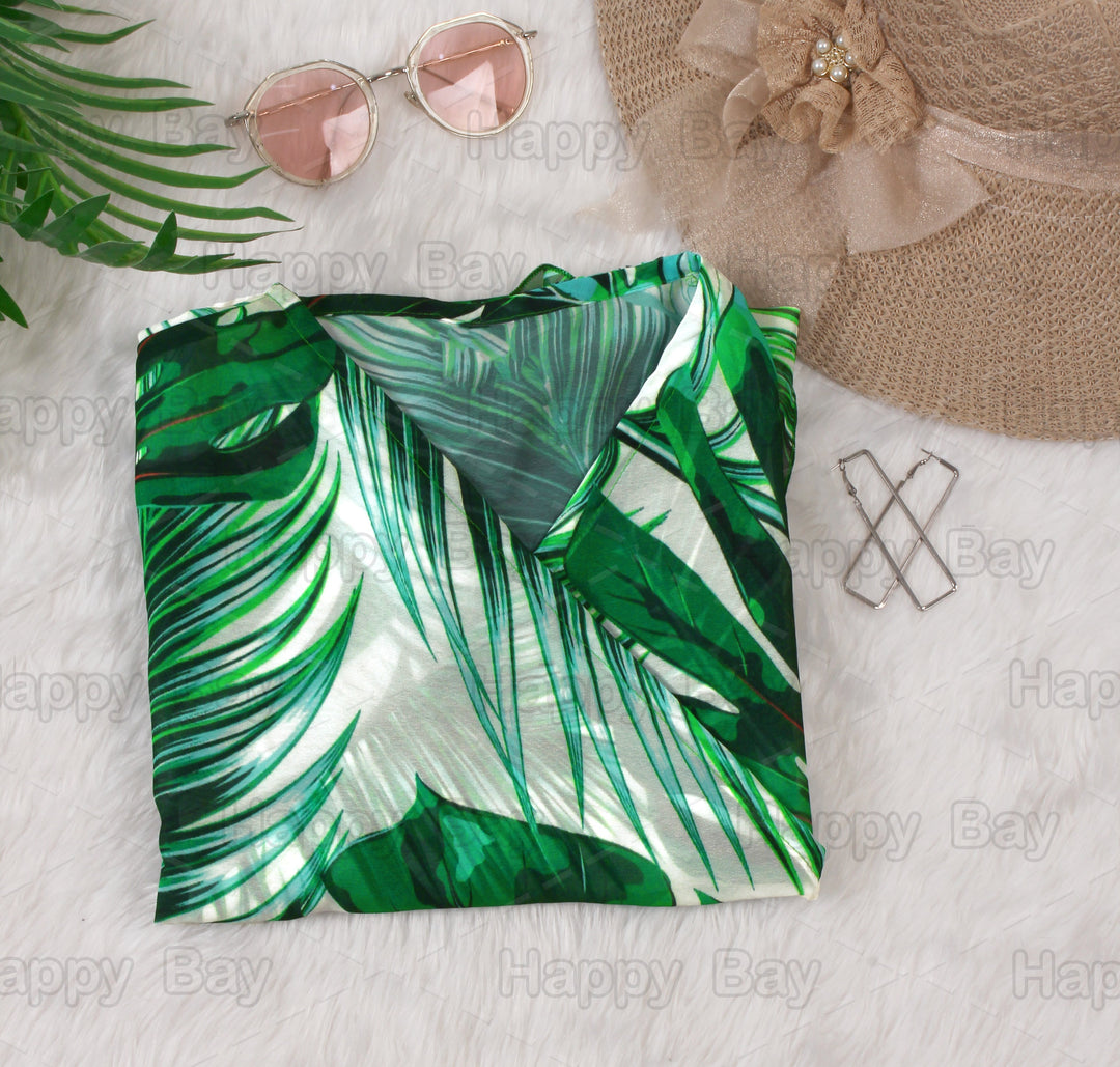 Tropical Elegance Sheer Allover Monstera Leaves and Palm Tree Leaves Printed Kimono Shrug Jacket Cover up P03250
