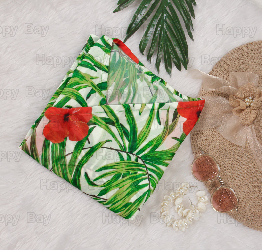Blooms of Paradise Sheer Allover Hibiscus Flower and Leaves Printed Kimono Shrug Jacket Cover up P03251