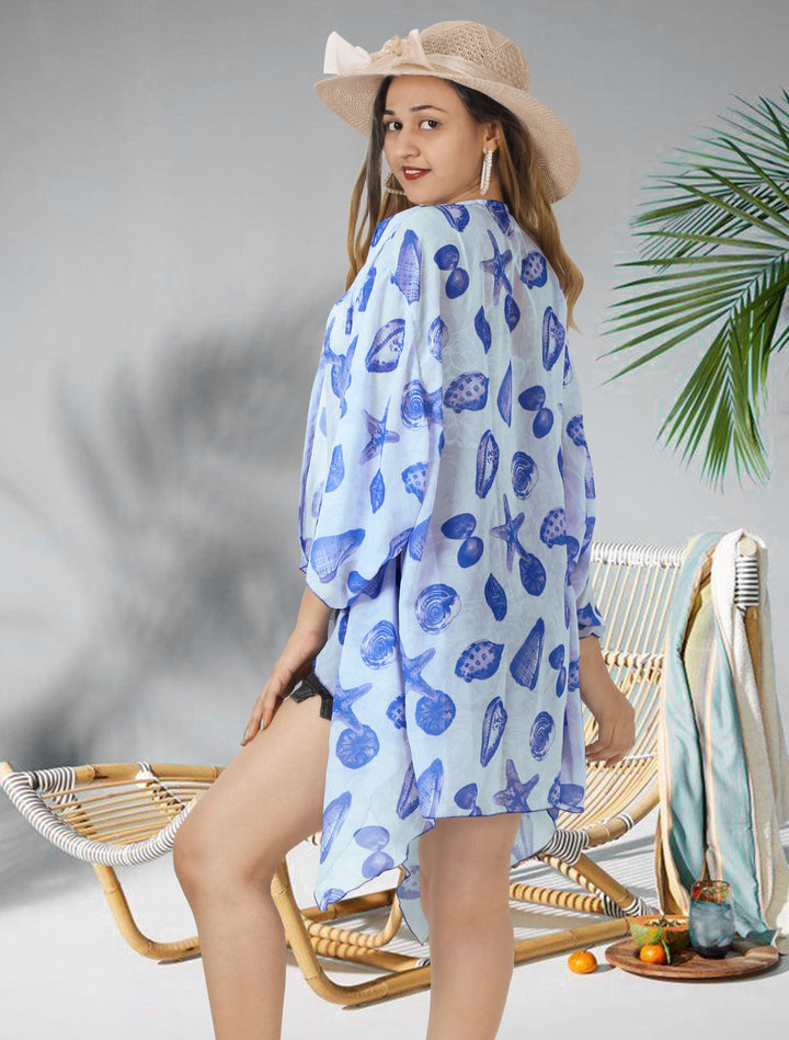 Coastal Whispers Sheer Allover Seashells Printed Kimono Shrug Jacket Cover up P03254