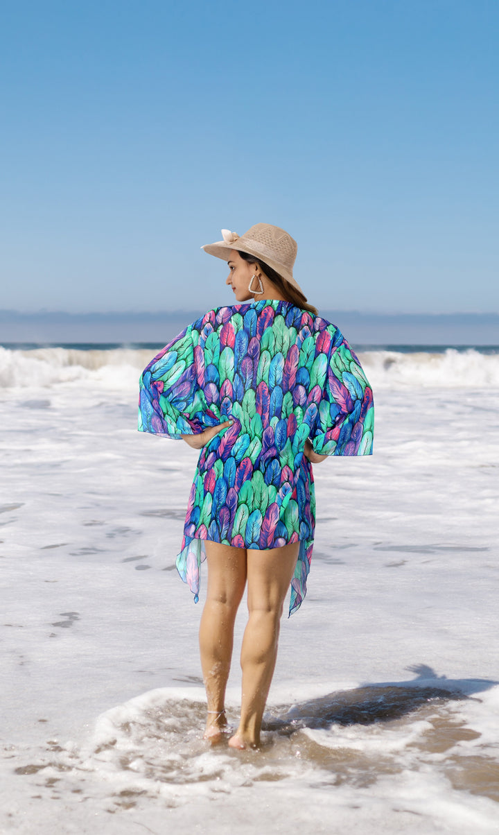 Bohemian Whimsy Sheer Allover Multicolor Feather Printed Kimono Shrug Jacket Cover up P03256