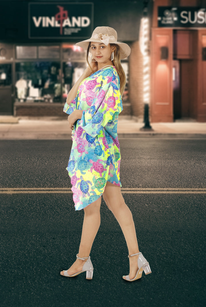 Multi Color Sheer Turtle Printed Short Kimonos For Women P03261