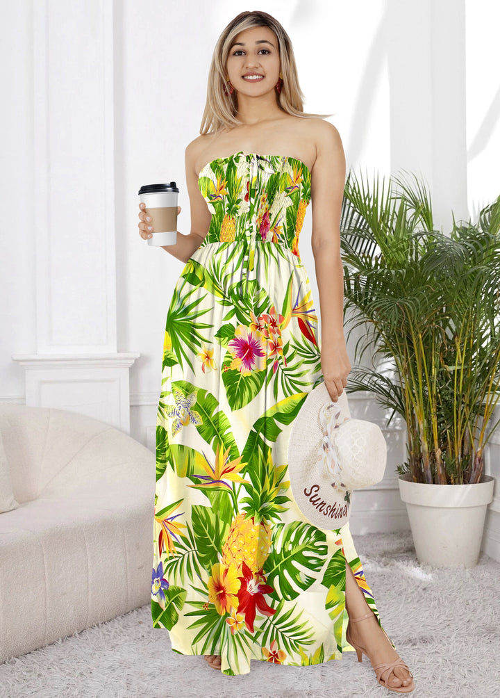 White Pineapple and Flower Print Long Tube Dress For Women P01219