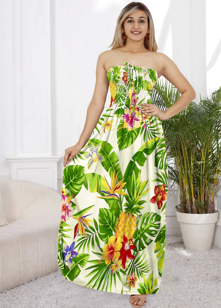 White Pineapple and Flower Print Long Tube Dress For Women P01219