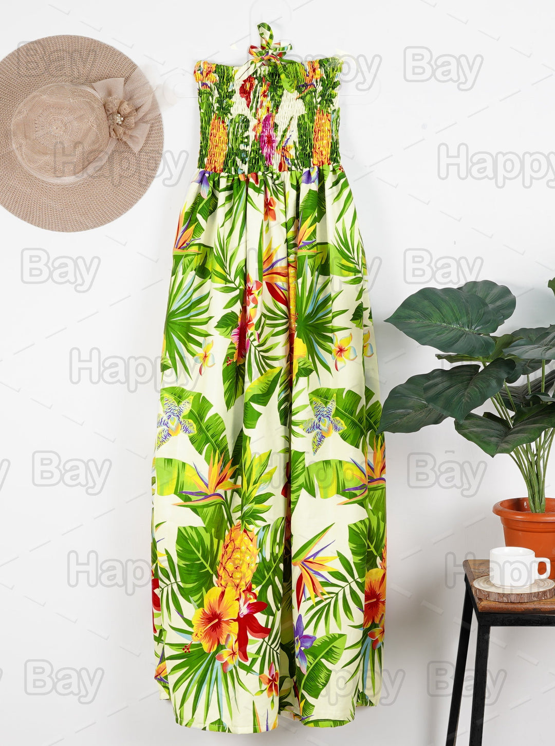 White Pineapple and Flower Print Long Tube Dress For Women P01219