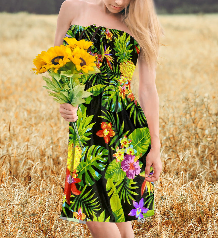 Black Fruits and Flower Printed Short Tube Dress For Women P01021