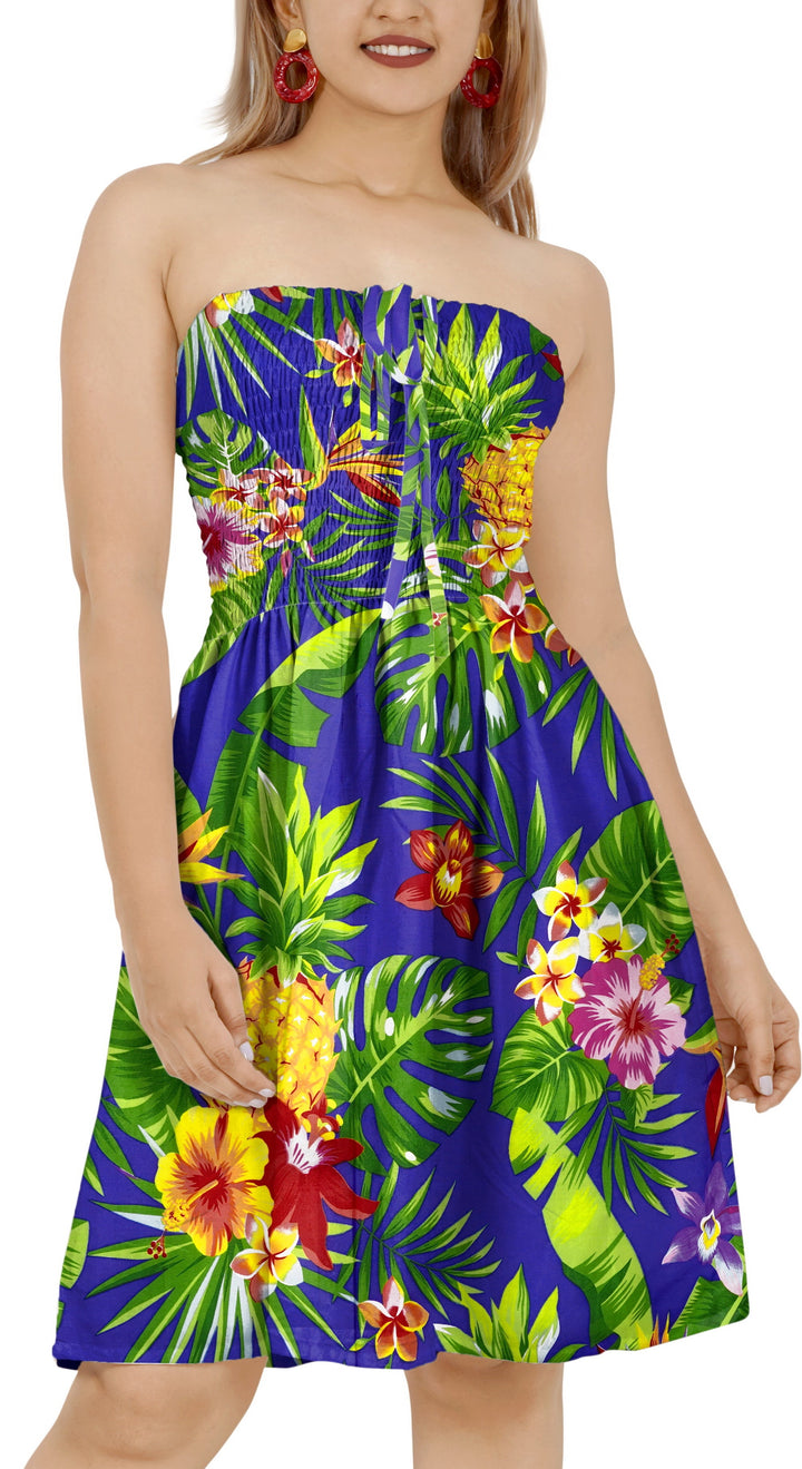 Royal Blue Allover Flower and Leaves Printed Short Tube Dress For Women P01022