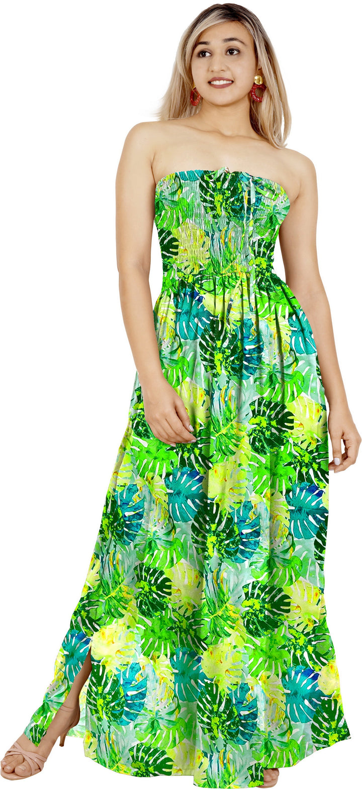 Green Allover Monstera Leaves Printed Long Tube Dress For Women P01108