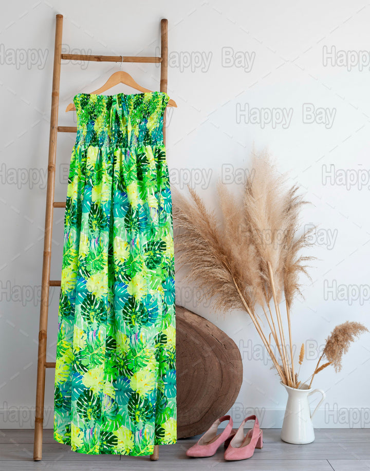 Green Allover Monstera Leaves Printed Long Tube Dress For Women P01108