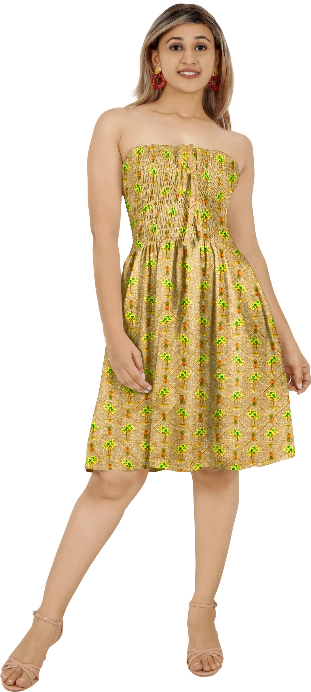 Tropical Retreat Brown Palm Tree and Pineapple Print Short Tube Dress For Women P00914