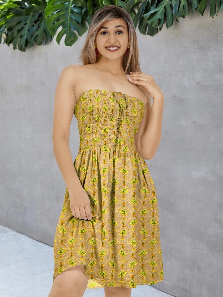 Tropical Retreat Brown Palm Tree and Pineapple Print Short Tube Dress For Women P00914