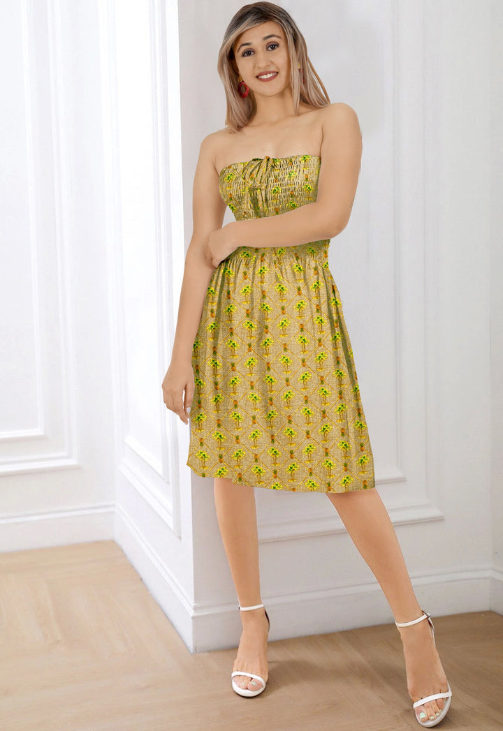 Tropical Retreat Brown Palm Tree and Pineapple Print Short Tube Dress For Women P00914