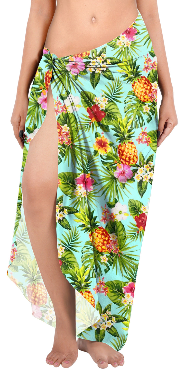 Sea Green Non-Sheer Beach Wrap For Women with Allover Pineapple, Leaves and Floral Print P06468