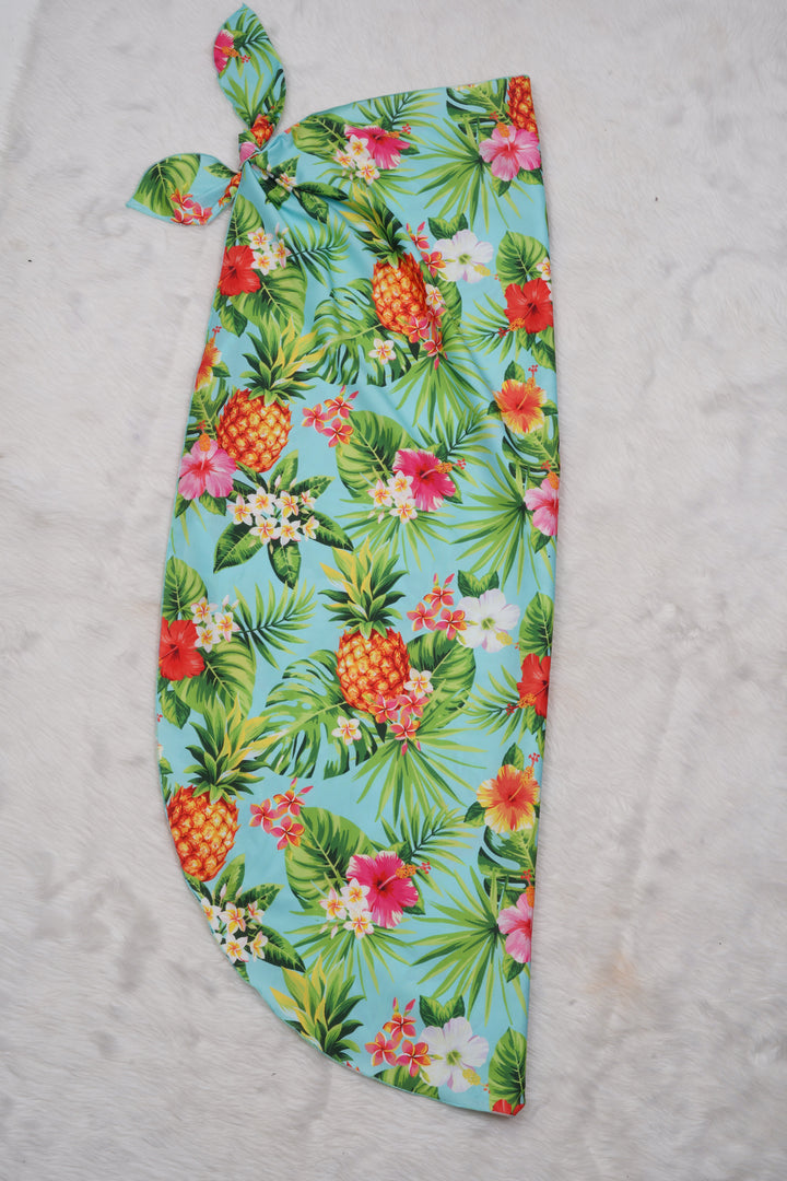 Sea Green Non-Sheer Beach Wrap For Women with Allover Pineapple, Leaves and Floral Print P06468