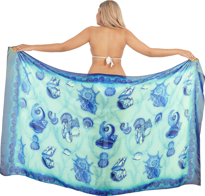 Sheer Sea Blue Color Sea Shell Printed Beach Wrap For Women P06789