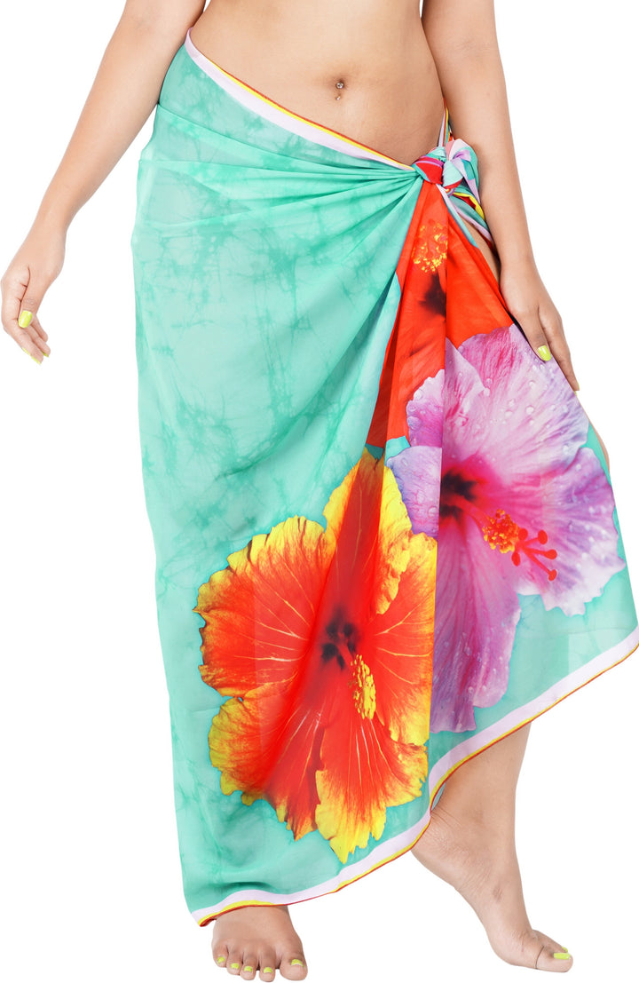 Tropical Elegance for Beachside Bliss Sheer Sea Green Hibiscus Flower Printed Beach Wrap For Women P06791