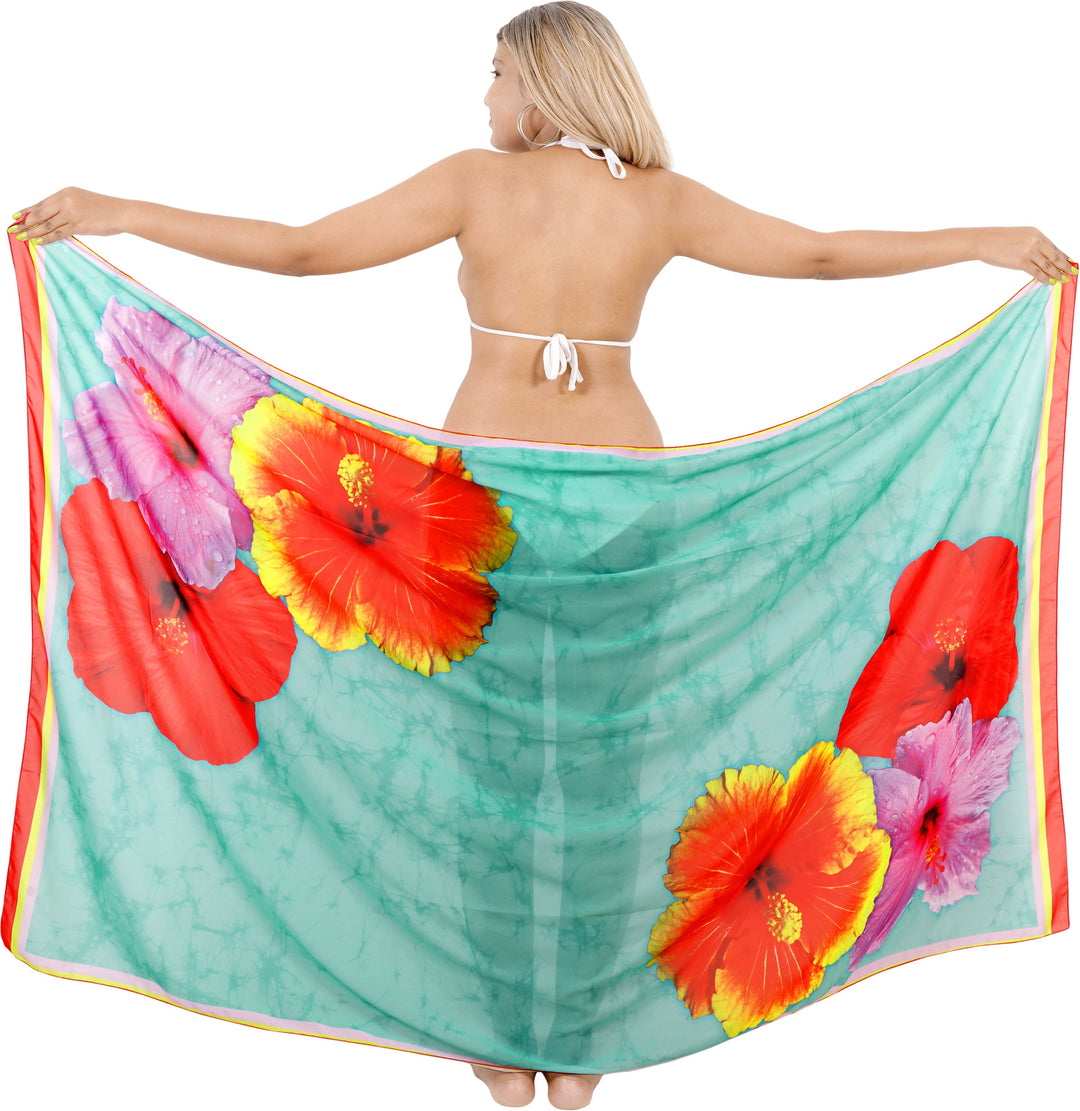 Tropical Elegance for Beachside Bliss Sheer Sea Green Hibiscus Flower Printed Beach Wrap For Women P06791