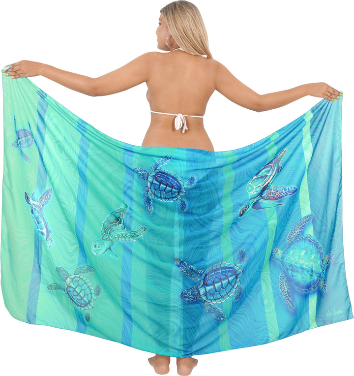 Embrace Oceanic Tranquility Blue Sheer Underwater Turtle Printed Beach Wrap For Women P06792