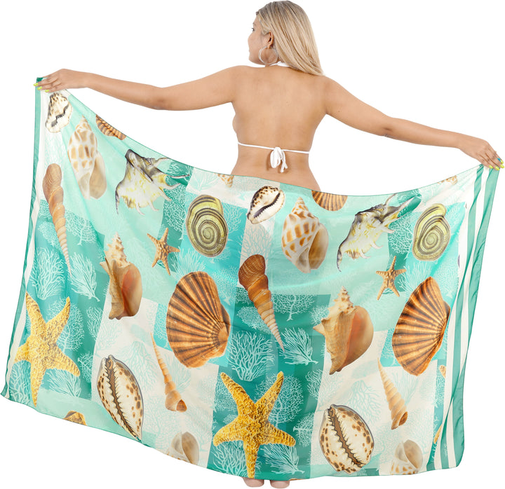Sea Green Sheer Allover Starfish and Sea Shells Print Beach Wrap For Women P06794