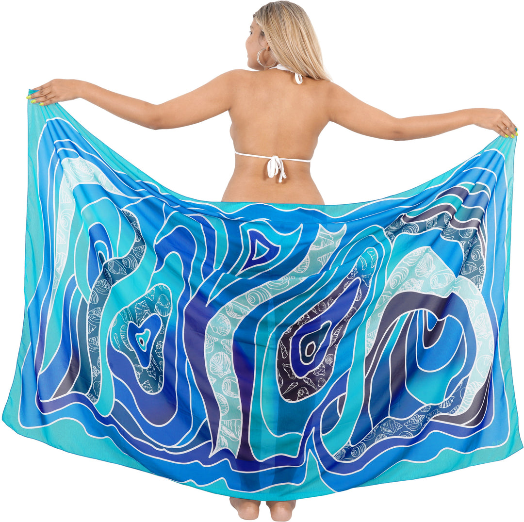 Coastal Chic Sheer Royal Blue Abstract with Sea Shells Printed Beach Wrap For Women P06796