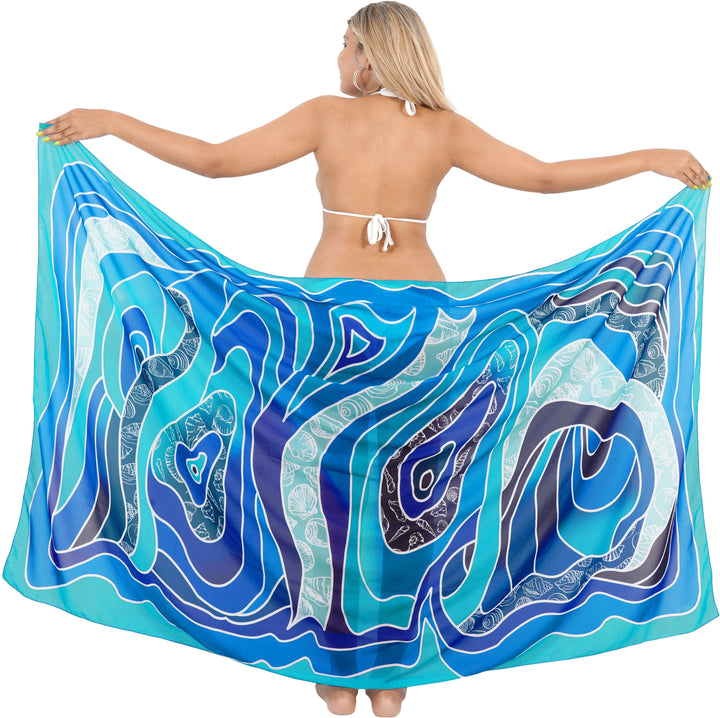 Coastal Chic Sheer Royal Blue Abstract with Sea Shells Printed Beach Wrap For Women P06796