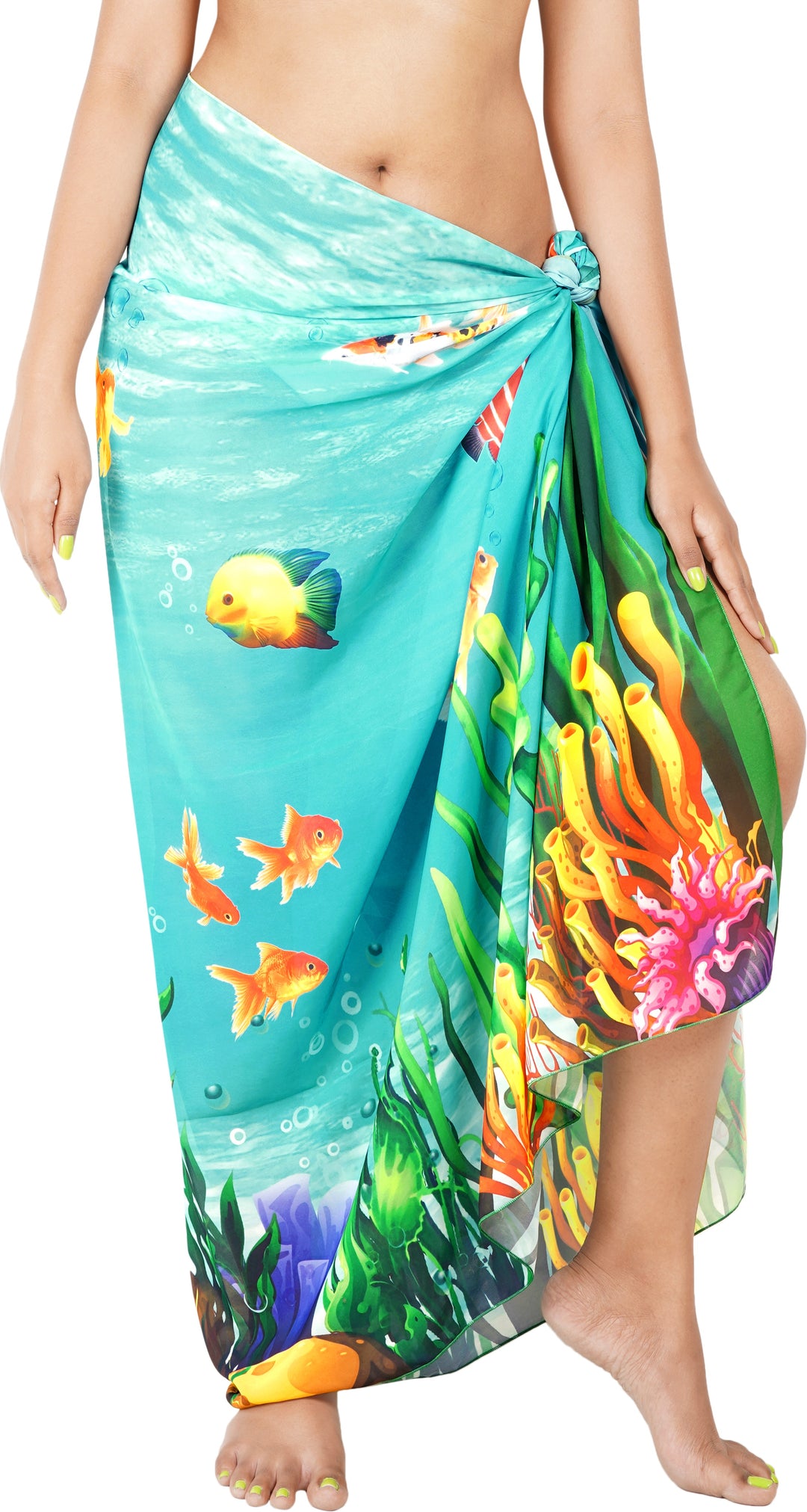 Dive into Aquatic Beauty Sea Green Sheer Underwater View and Fishes Printed Beach Wrap For Women P07301