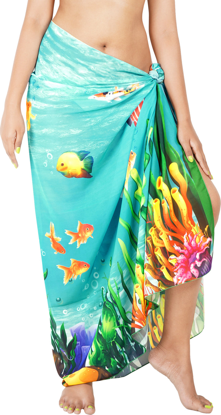 Dive into Aquatic Beauty Sea Green Sheer Underwater View and Fishes Printed Beach Wrap For Women P07301
