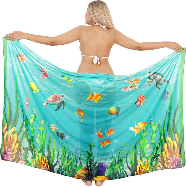 Dive into Aquatic Beauty Sea Green Sheer Underwater View and Fishes Printed Beach Wrap For Women P07301