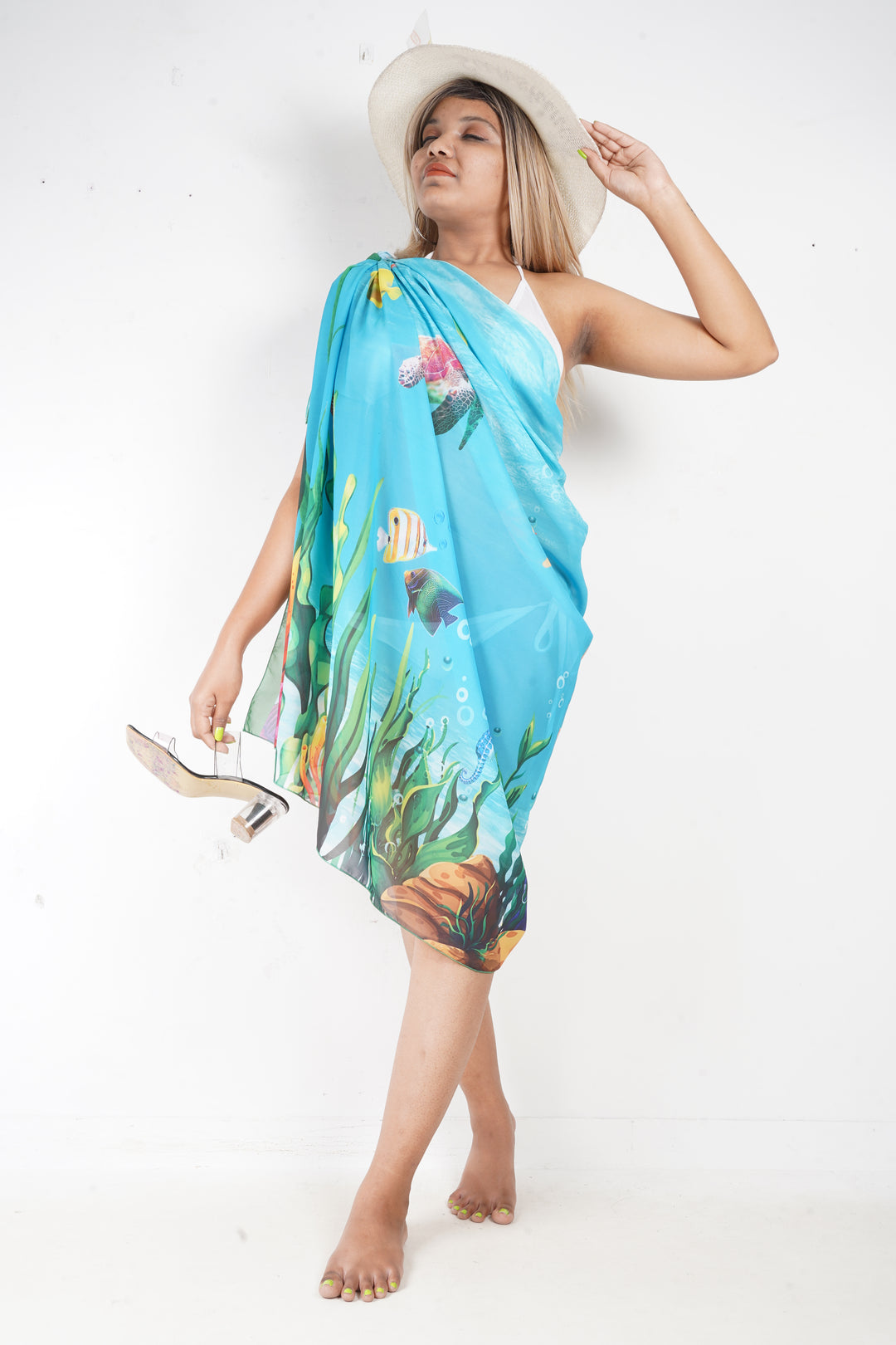 Dive into Aquatic Beauty Sea Green Sheer Underwater View and Fishes Printed Beach Wrap For Women P07301