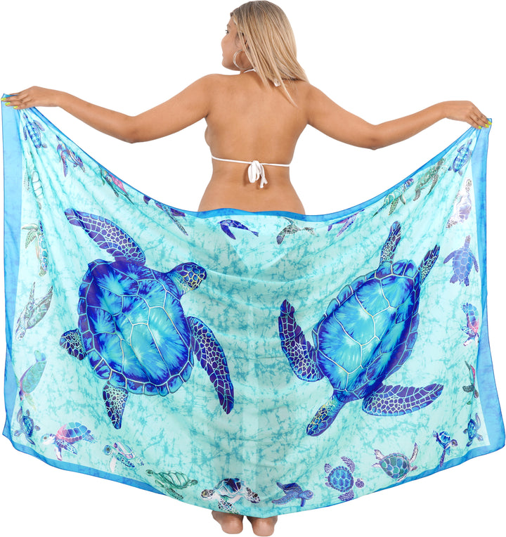 Embrace the Serenity of the Sea Blue Sheer Allover Turtle Printed Beach Wrap For Women P07302