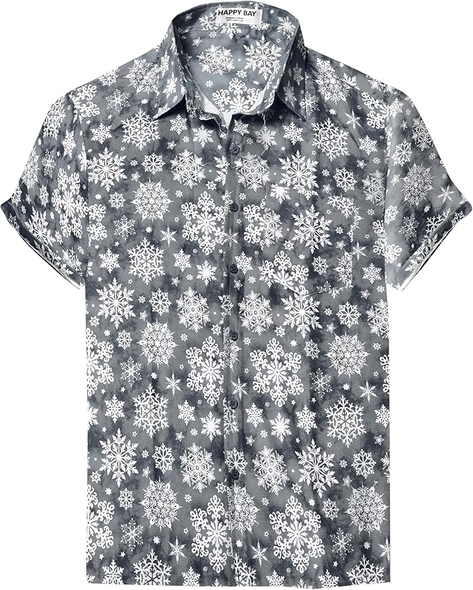 Lightweight Linen Effect Snowflakes Christmas Mens Shirt Grey