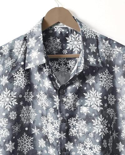 Lightweight Linen Effect Snowflakes Christmas Mens Shirt Grey