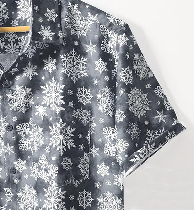 Lightweight Linen Effect Snowflakes Christmas Mens Shirt Grey