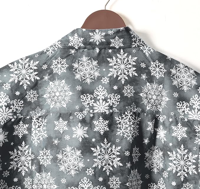 Lightweight Linen Effect Snowflakes Christmas Mens Shirt Grey