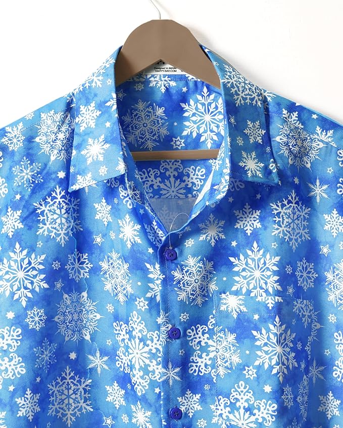 Lightweight Linen Effect Snowflakes Christmas Mens Shirt Midnight Blue