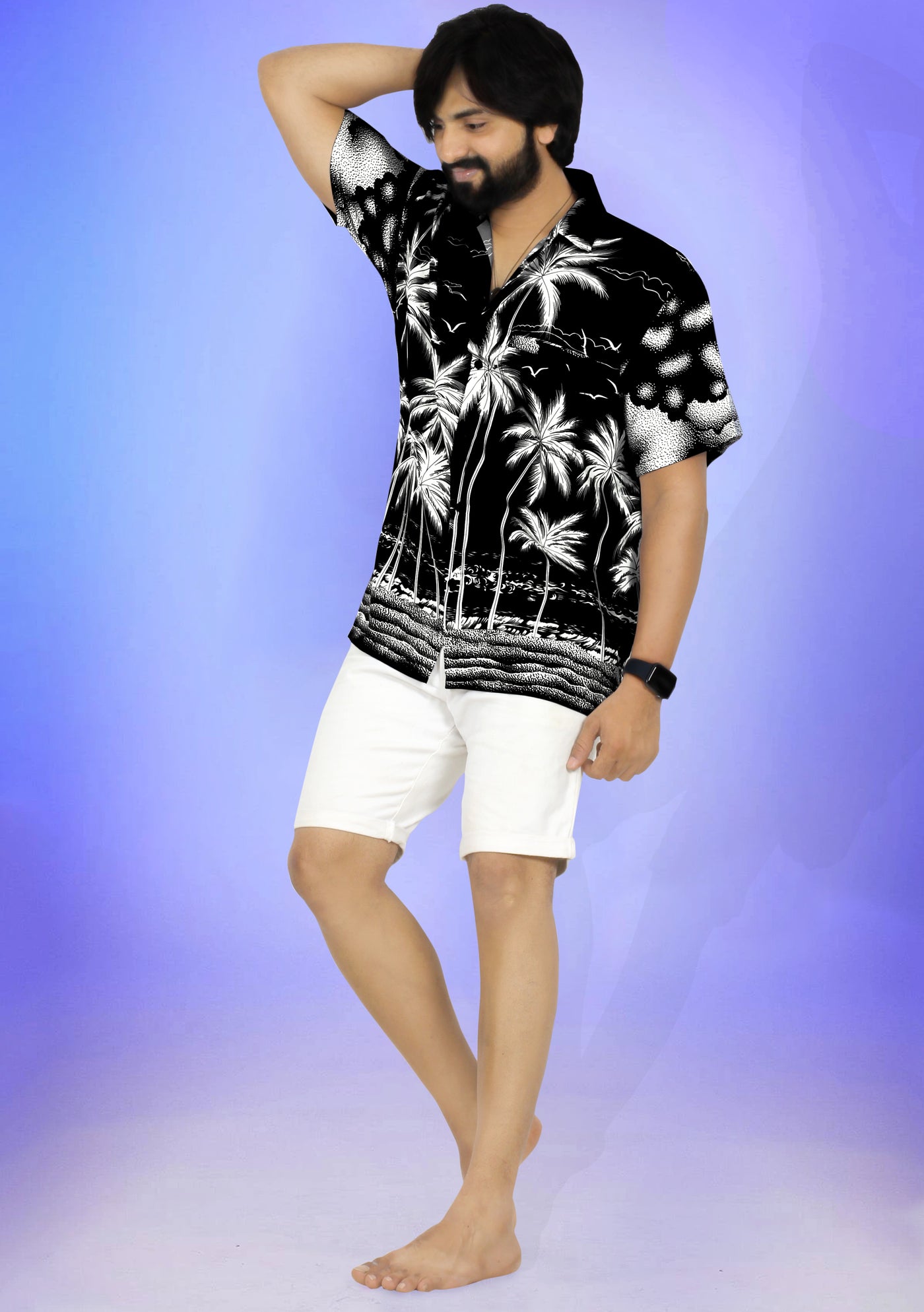 Black Aloha Palm Tree Beach View Printed Men Shirt P00001