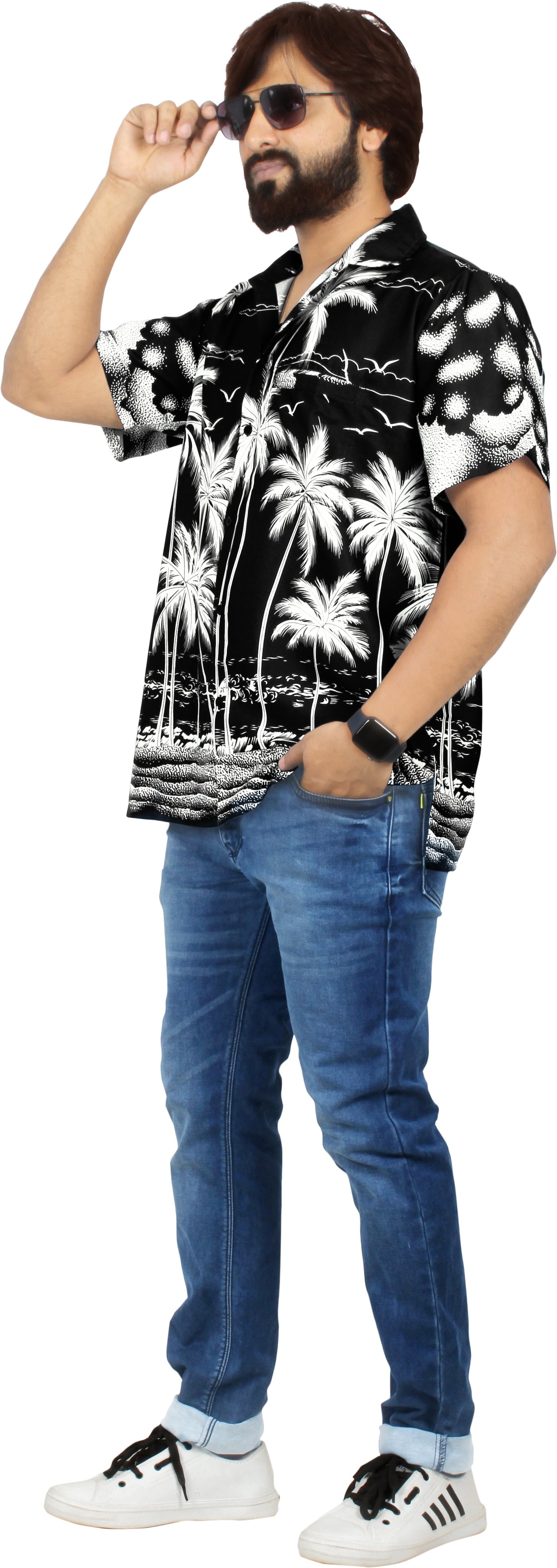 Black Aloha Palm Tree Beach View Printed Men Shirt P00001