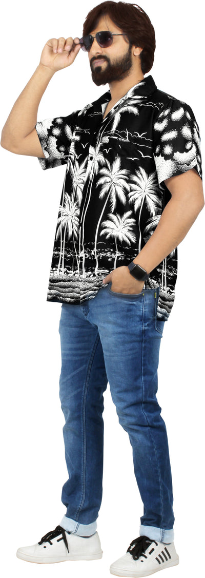 Black Aloha Palm Tree Beach View Printed Men Shirt P00001
