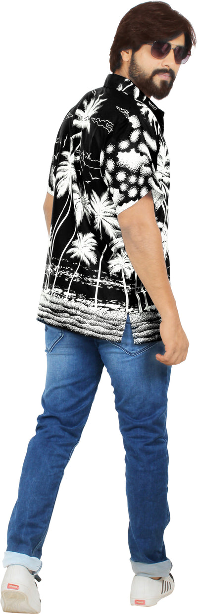 Black Aloha Palm Tree Beach View Printed Men Shirt P00001