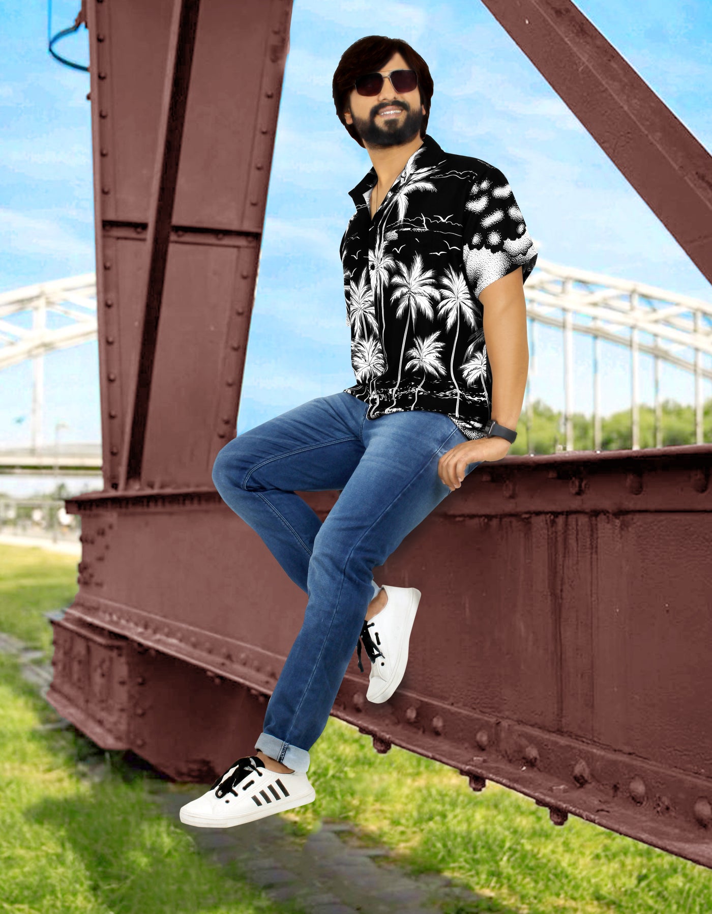 Black Aloha Palm Tree Beach View Printed Men Shirt P00001