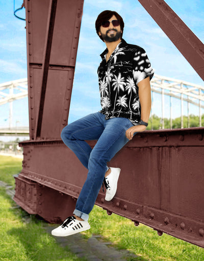 Black Aloha Palm Tree Beach View Printed Men Shirt P00001