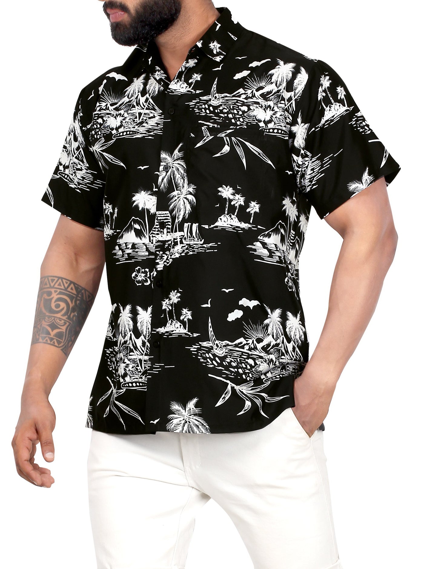 Aloha Black Shirt For Men Palm Tree and Island P00004