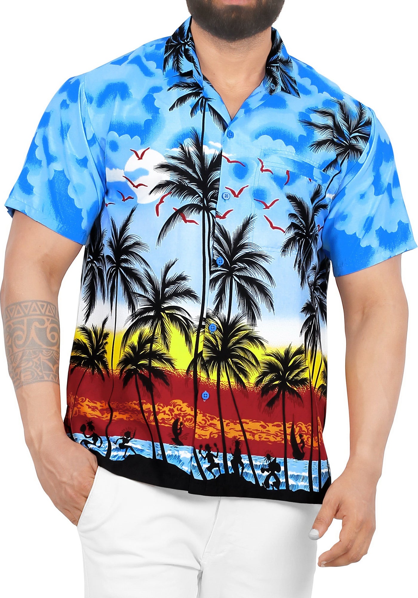 La Leela Men's Summer Palm Tree Beach Shirt Cyan P00005