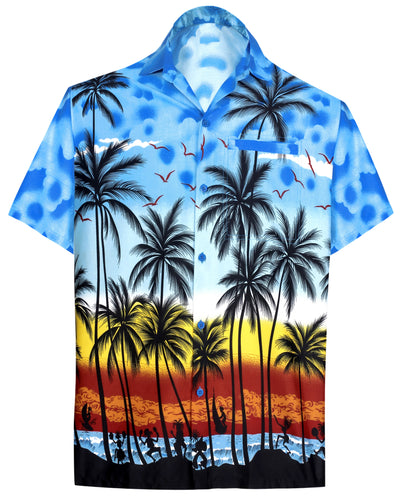 La Leela Men's Summer Palm Tree Beach Shirt Cyan P00005